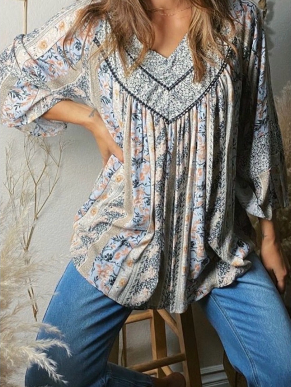 Ces Femme Floral V-Neck Boho Tunic in Blue & Cream